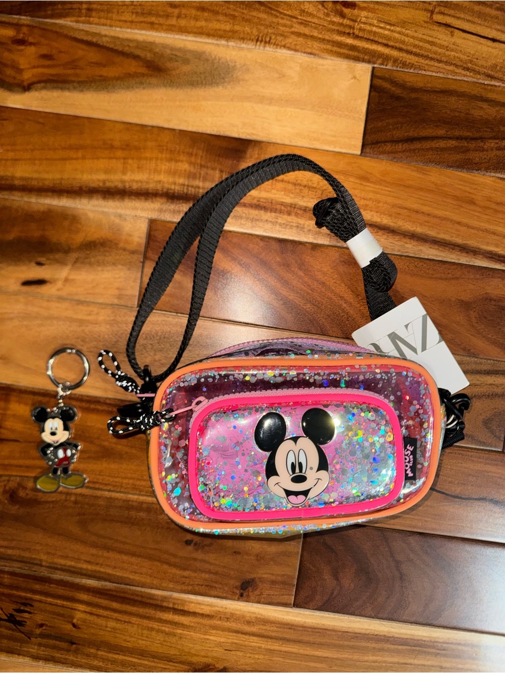 Mickey Glitter Mini Crossbody Bag with Black Strap and heavy Mickey key ring